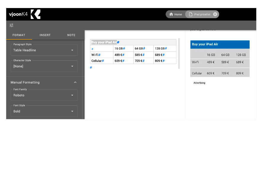K4 Article Editor: Manage Tables